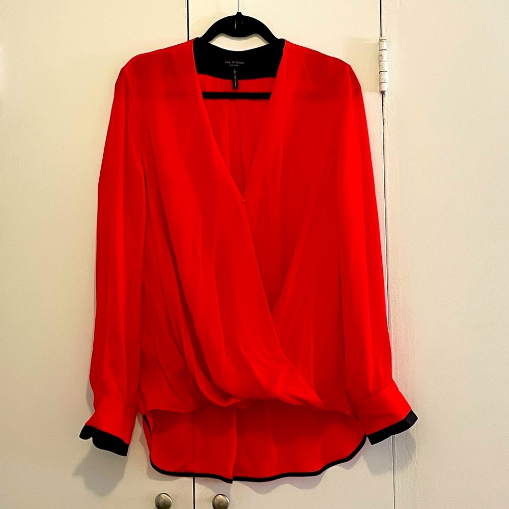 Rag and Bone Red Silk V Neck Blouse